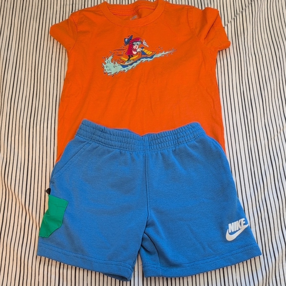 Orange Graphic Tee and Blue Nike Shorts Set